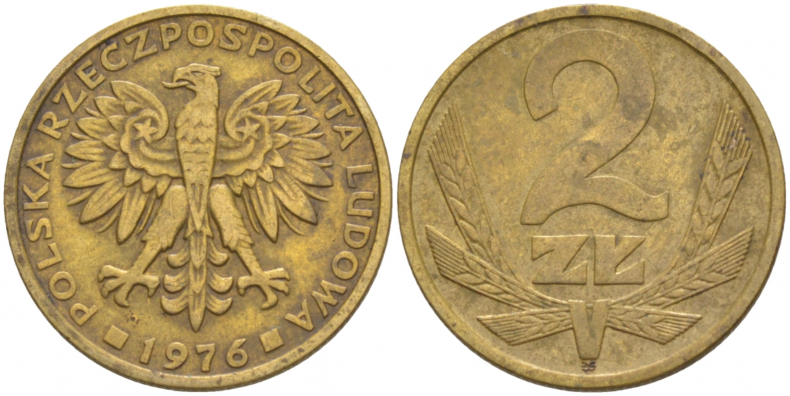 Польша 2 злотых 1976 Ленинградский монетный двор (ЛМД) KM 80.1, Parchimowicz 217b латунь 68-451