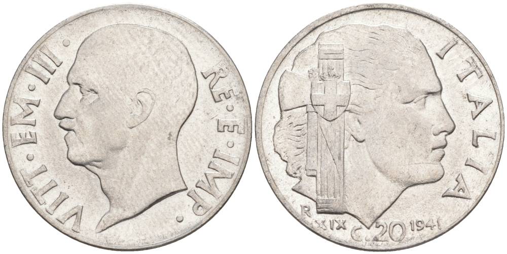 ИТАЛИЯ 20 ЧЕНТЕЗИМО 1941 R, ГОД XIX, ВИКТОР ЭММАНУИЛ III (1900-1946) KM 75b, VEM3. 1028 нержавеющая сталь 3853-1022