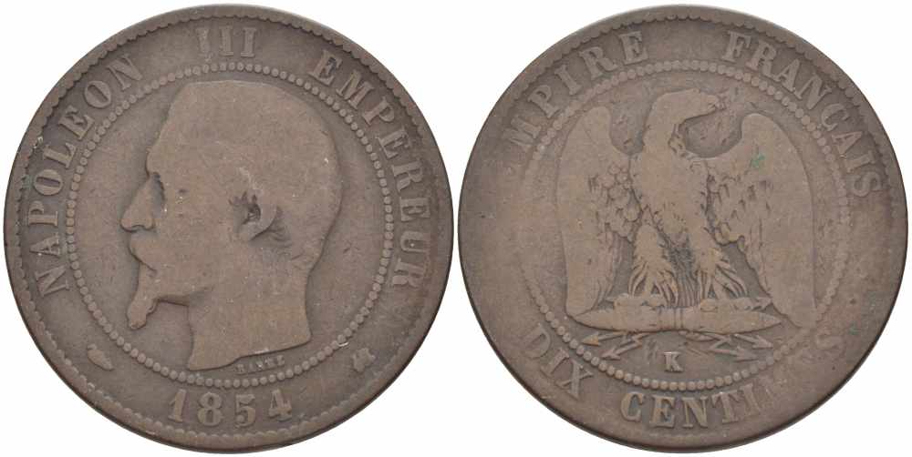 ФРАНЦИЯ 10 САНТИМОВ 1854 K, НАПОЛЕОН III (1852-1870) KM 771.5, LE FRANC 133.15 бронза 38-931