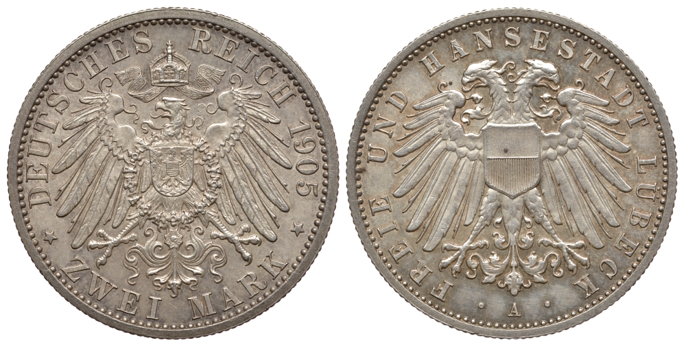 Любек 2 марки 1905 A, Weege 81, J. 81, KM 212 серебро 00-000-00