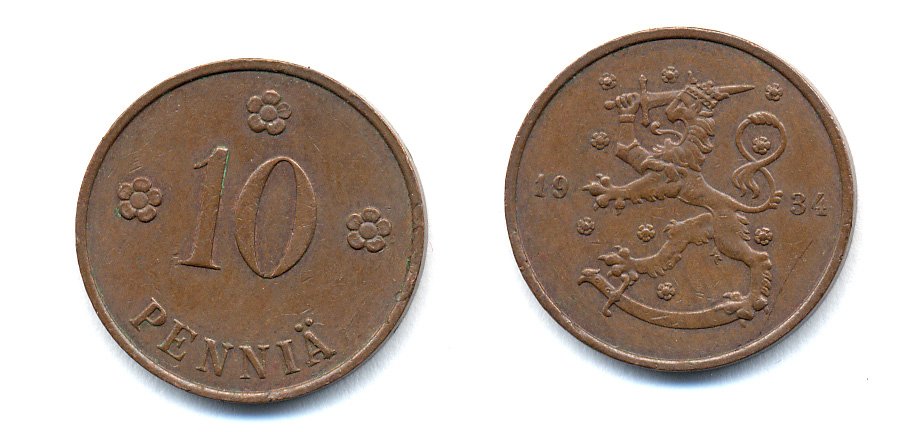 Финляндия 10 пенни 1934 республика (1918-1962) KM 24 медь 51-5422