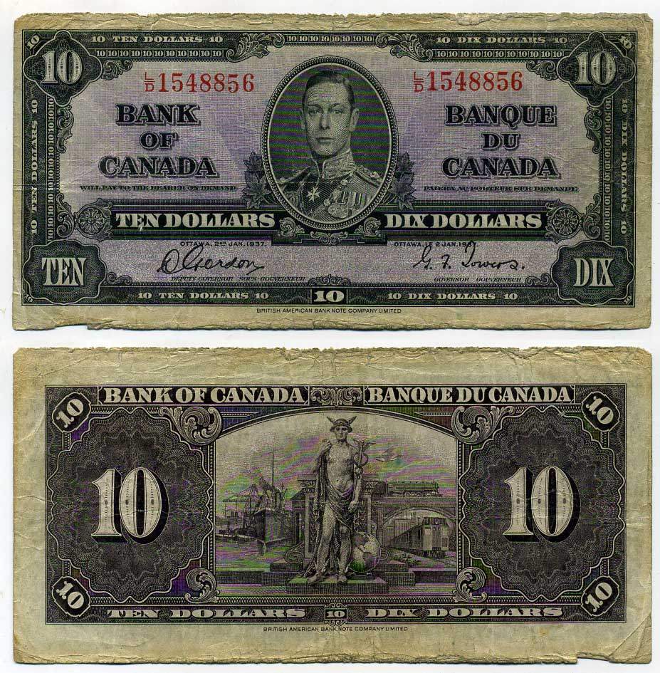 КАНАДА 10 ДОЛЛАРОВ 1937 ГЕОРГ VI, ПОДПИСЬ GORDON-TOWERS, BABNC Pick 61b бумага 7204-34-2