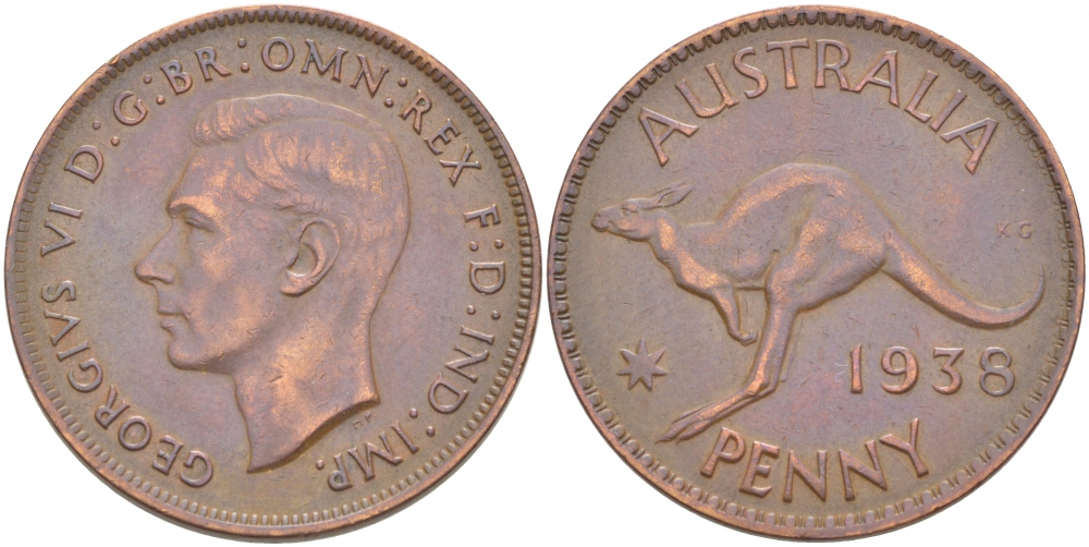 АВСТРАЛИЯ 1 ПЕННИ 1938 ГЕОРГ VI, КЕНГУРУ KM 36 бронза 4403-925