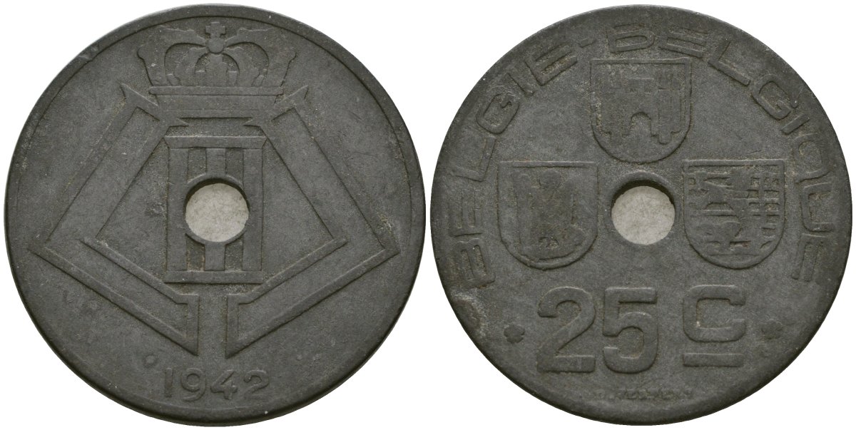 Бельгия 25 сантимов 1942 BELGI? - BELGIQUE KM 132 цинк 4132-234