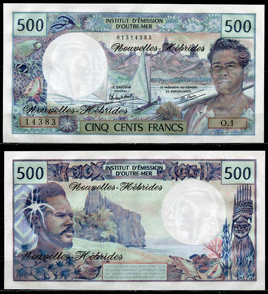 Новые Гебриды 500 франков ND (1970-1981) рыбаки, подписи Billecart, Theron Pick 19 c бумага UNC (пресс) 451-303-1