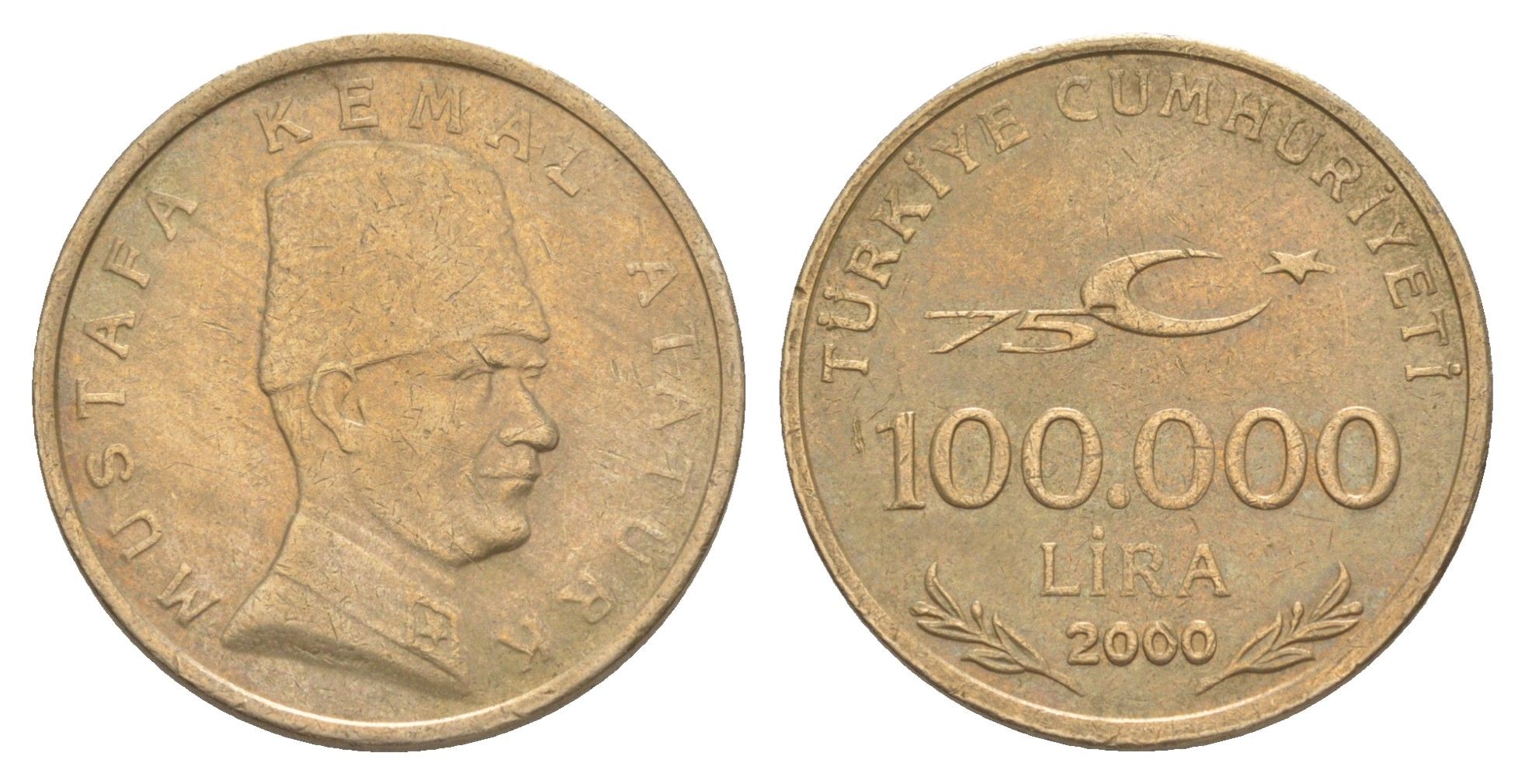Турция 100000 лир 2000 75 лет республике, Мустафа Кемаль Ататюрк KM 1078 медь цинк никель 4648-1224