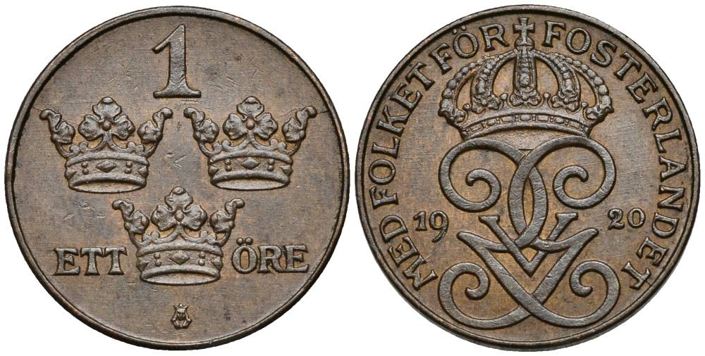 Швеция 1 эре 1920 Густав V (1907-1950) KM 777.2 бронза 4549-1066