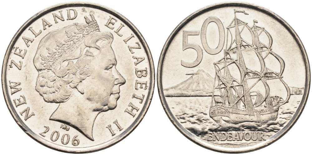 Новая Зеландия 50 центов 2006 Елизавета II (1952-2022), парусник Индевор KM 119а никелированная сталь 4579-1045