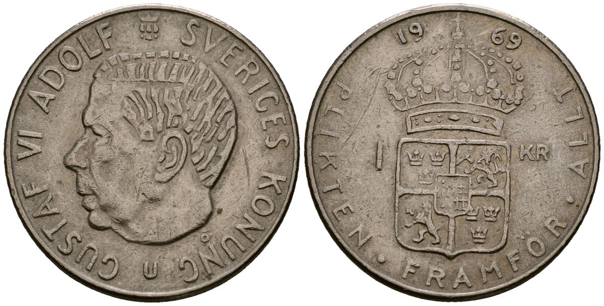 Швеция 1 крона 1969 Густав VI Адольф (1950-1973) KM 826a медь плакированная медно-никелем 4176-527