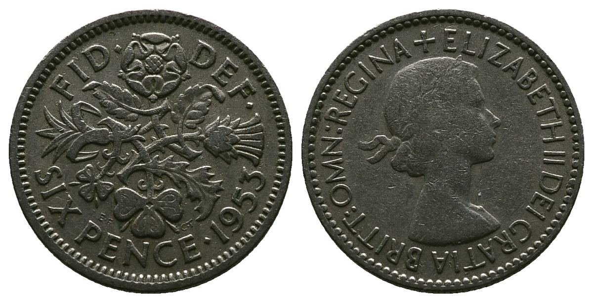 Великобритания 6 пенсов 1953 Елизавета II (1952-2022) KM 889, Spink 4141 медно-никель 4381-634