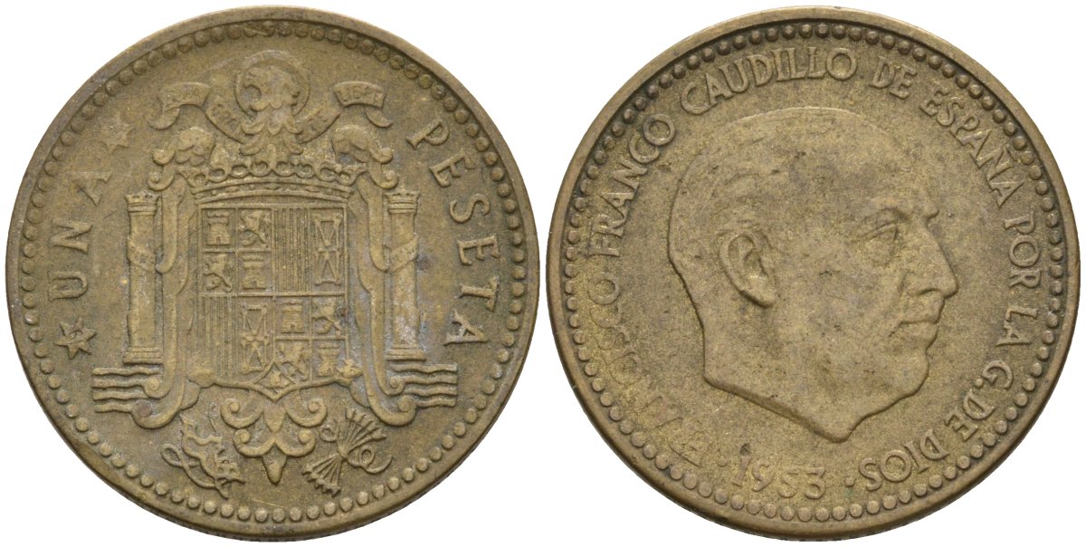 Испания 1 песета 1953 (?) Франсиско Франко (1939-1975) KM 775 алюминиевая бронза 3336-354