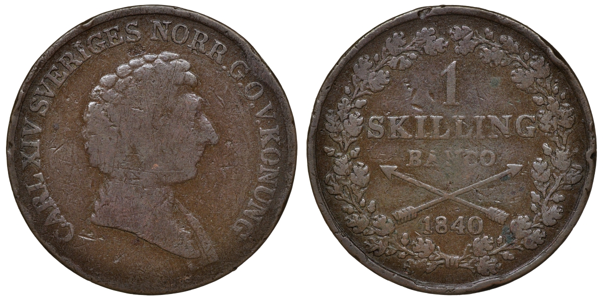 Швеция 1 скиллинг 1840 Карл XIV Юхан (1818-1844) KM 642 медь 4112-121