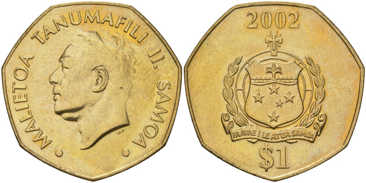 Самоа 1 доллар 2002 KM 135 латунь UNC 4367-434