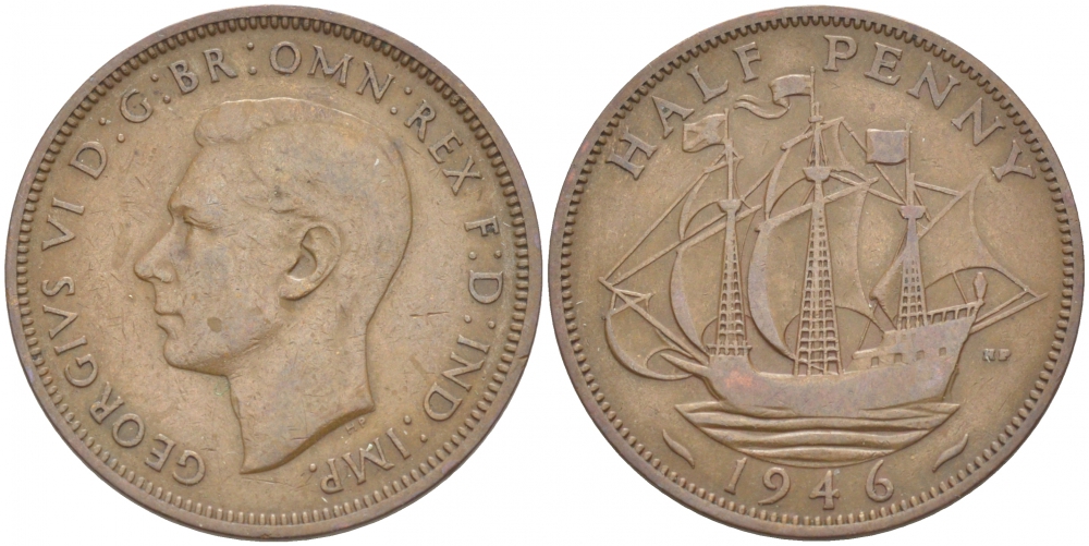 Великобритания 1/2 пенни 1946 Георг VI (1936-1952) KM 844, Spink 4115 бронза 213-914