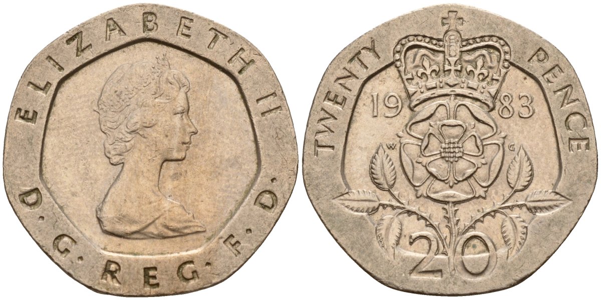 Великобритания 20 пенсов 1983 Елизавета II (1952-2022) KM 931, Spink 4230 (G1) медно-никель 4177-523