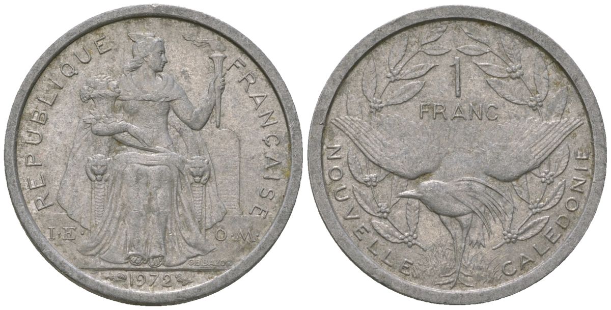 Французская Новая Каледония 1 франк 1972 птица кагу, (IEOM) KM 10, Schoen 10, Lec 38 алюминий    51-447