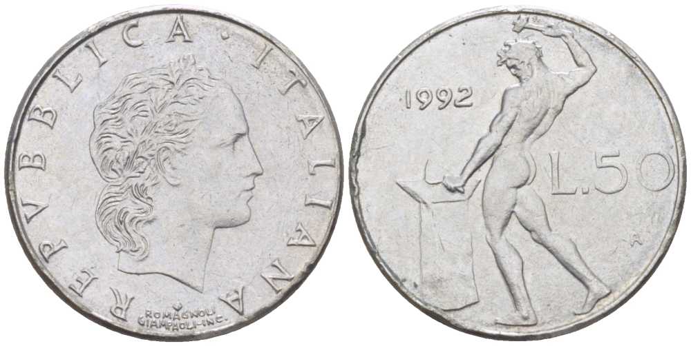 ИТАЛИЯ 50 ЛИР 1992 R, КУЗНЕЦ KM 95.2 нержавеющая сталь 214-544