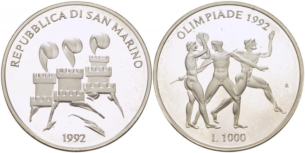 Сан-Марино 1000 лир 1992 XXV летние Олимпийские игры в Барселоне 1992 года, легкая атлетика KM 277 серебро PROOF 1077-9-12