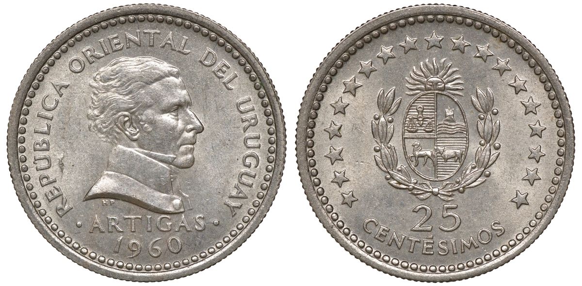 Уругвай 25 сентесимо 1960 KM 40 медно-никель 4169-815