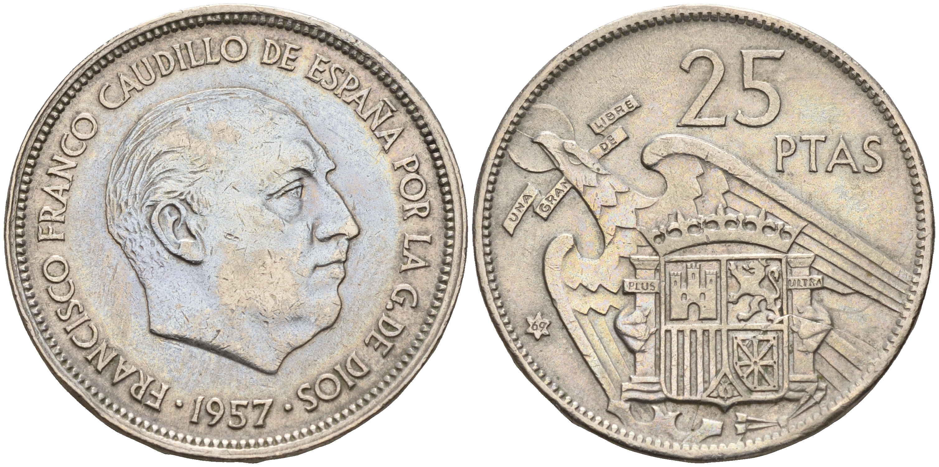 Испания 25 песет 1957 (69) Франсиско Франко (1939-1975) KM 787 медно-никель    4144-215