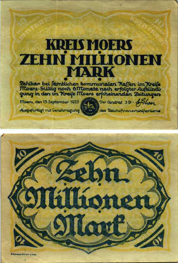 МЁРС 10000000 МАРОК 1923 НОТГЕЛЬД, 15 СЕНТЯБРЯ 1923, ЗЕМЛЯ СЕВЕРНЫЙ РЕЙН-ВЕСТФАЛИЯ Keller 3592e бумага 6318-39-1-2