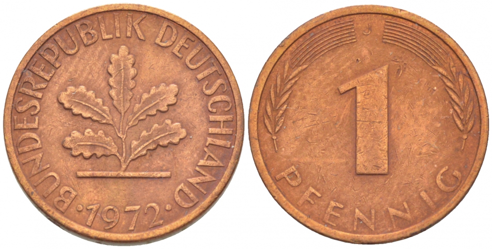 ФРГ 1 ПФЕННИГ 1972 J KM 105, J.380 сталь плакированная медью 4396-1522