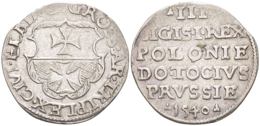 Польша, Эльблонг 3 гроша (трояк) 1540 Сигизмунд I Старый (1506-1548), вес 2,63 г, степень редкости R3 по Копински серебро 00-818-88