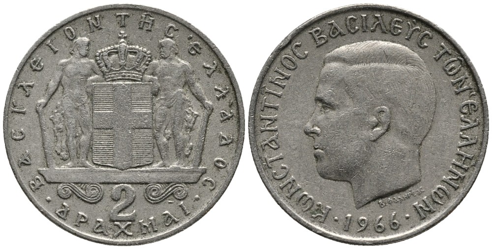 Греция 2 драхмы 1966 Константин II (1966-1973) KM 90 медно-никель 4525-716