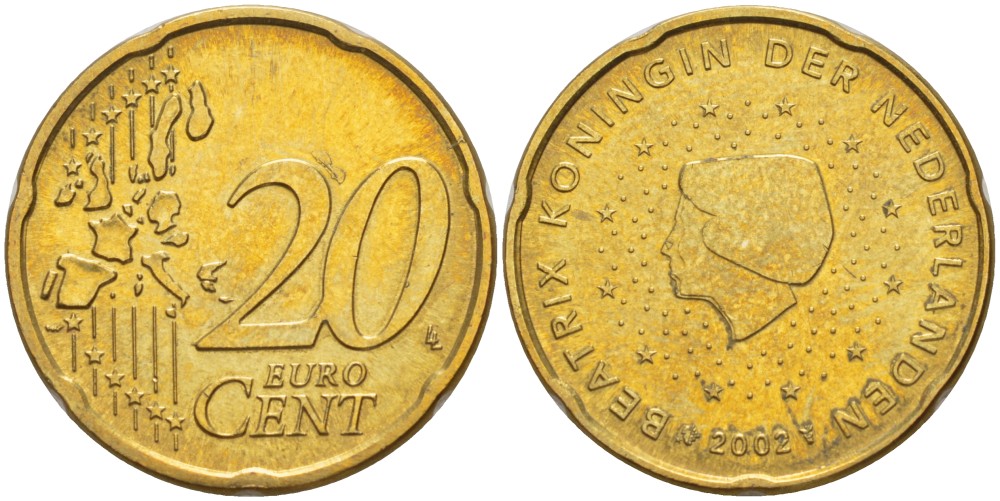 Нидерланды 20 евроцентов 2002 Беатрикс (1980-2013) KM 228 латунь 4543-224