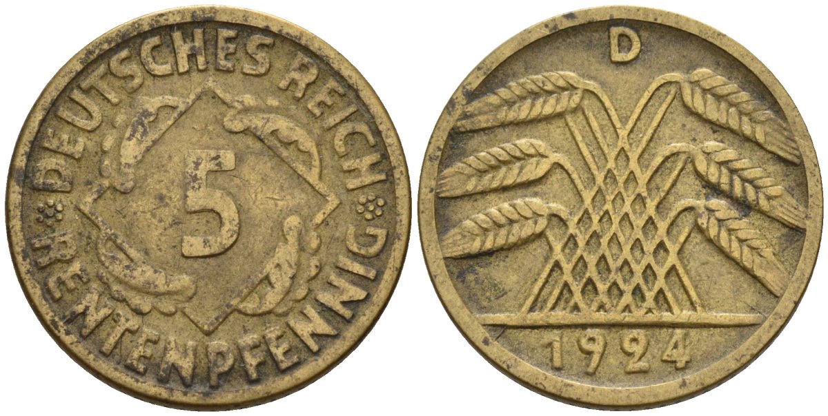 Германия 5 рентенпфеннигов 1924 D KM 32, J. 308 алюминиевая бронза 4151-664