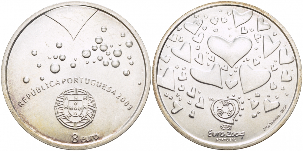 Португалия 8 евро 2003 Чемпионат Европы по футболу UEFA ЕВРО-2004 в Португалии, логотип чемпионата, сердца KM 751 серебро UNC 06-255-35