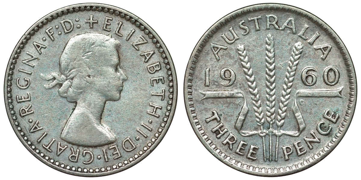 Австралия 3 пенса 1960 m, Елизавета II (1952-2022) KM 57 серебро 71-644