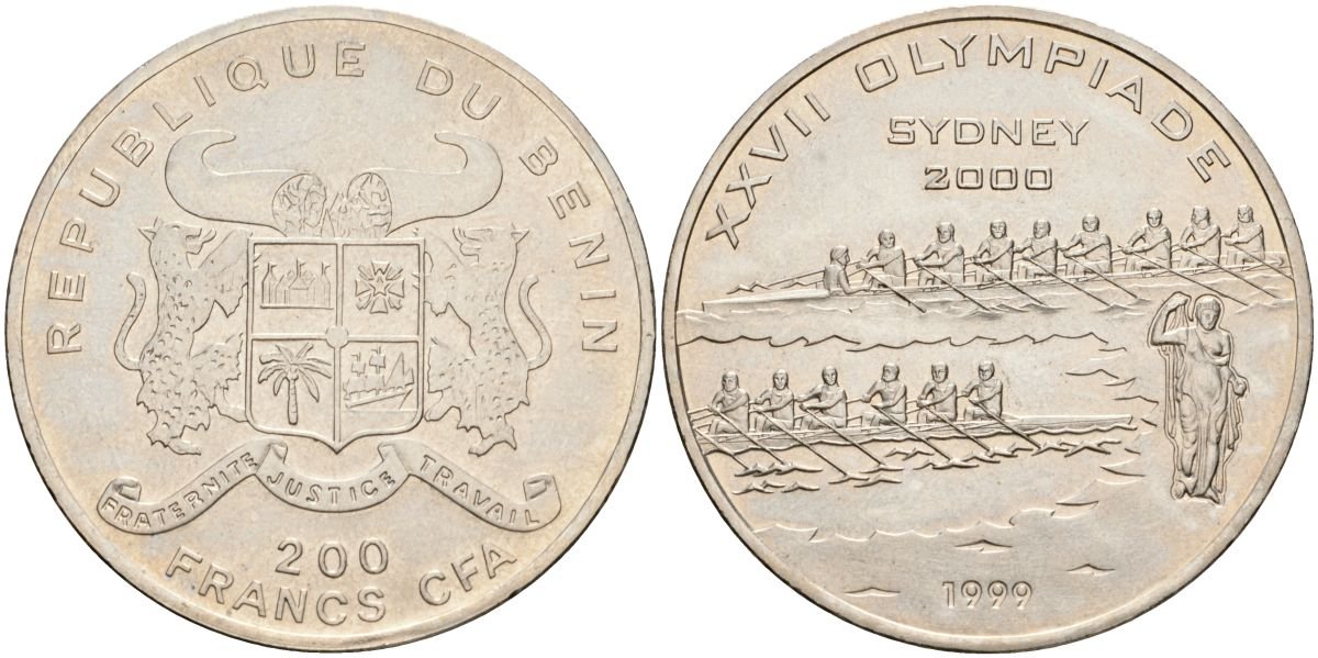 Бенин 200 франков 1999 XXVII Летние Олимпийские игры 2000 года в Сиднее, гребля KM 25 медно-никель UNC 00-00