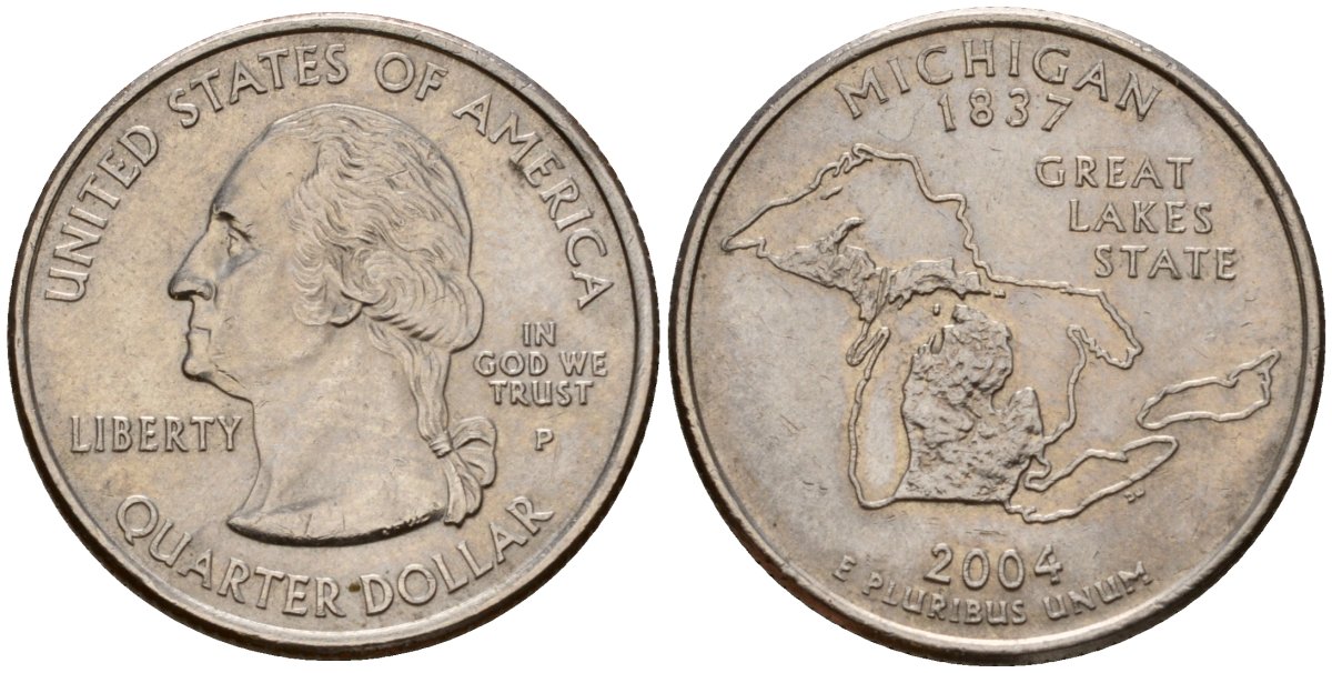 США 25 центов = квотер 2004 P, серия штаты США, Мичиган KM 355 медь плакированная медно-никелем 4603-1151