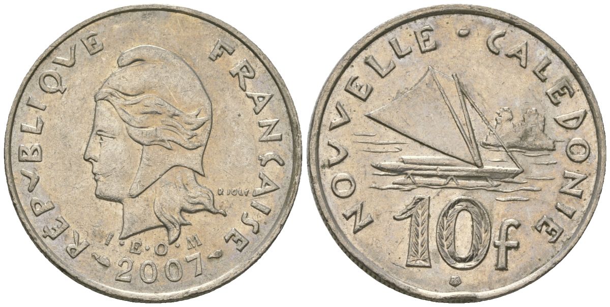 Французская Новая Каледония 10 франков 2007 рыбачья парусная лодка, (IEOM) KM 11a, Schoen 13a, Lec 99k медно-никель 57-223