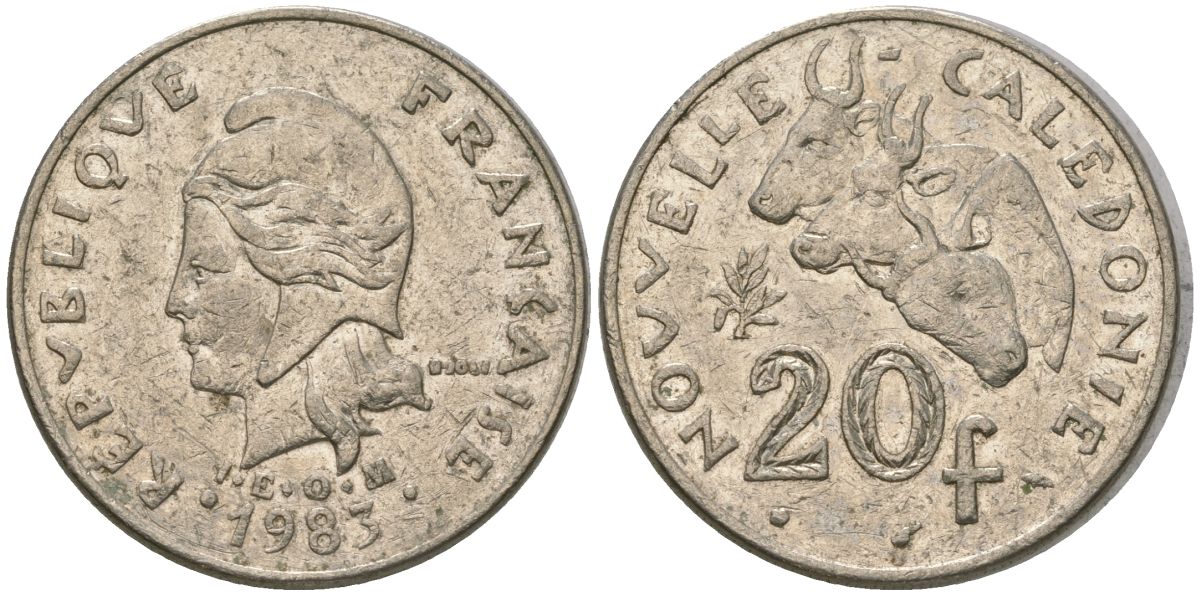 Французская Новая Каледония 20 франков 1983 три быка, (IEOM) KM 12, Schoen 14, Lec 111 никель 4120-835