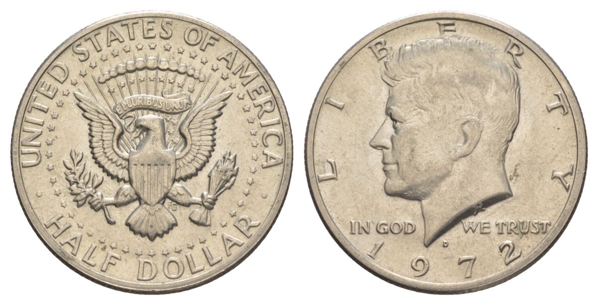 США 1/2 доллара (50 центов) 1972 D, Джон Кеннеди KM 202b медь плакированная медно-никелем aUNC 189-926