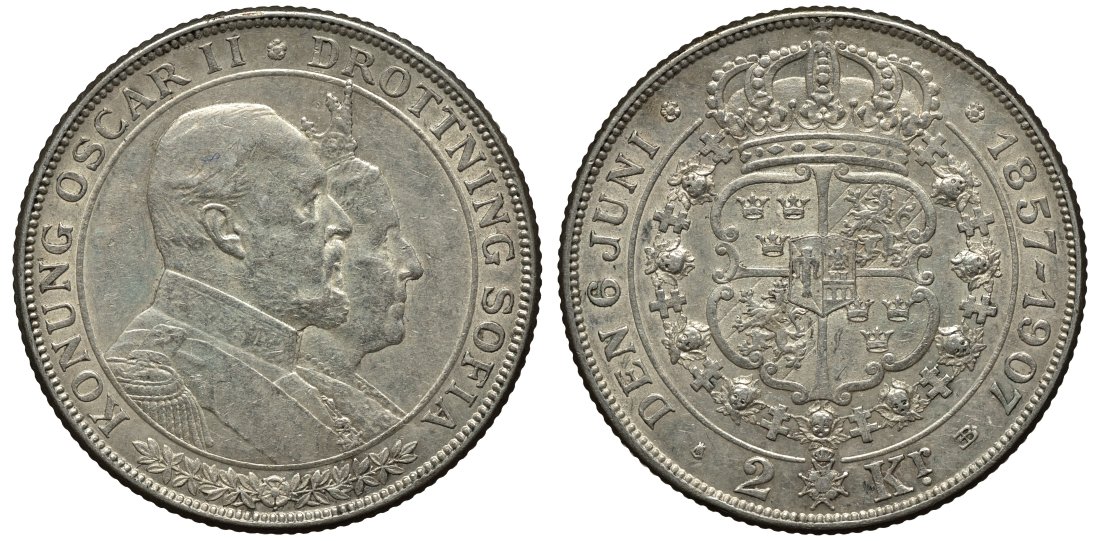 Швеция 2 кроны 1907 Оскар II (1872-1907) король Швеции, золотая свадьба KM 776 серебро 413-6133