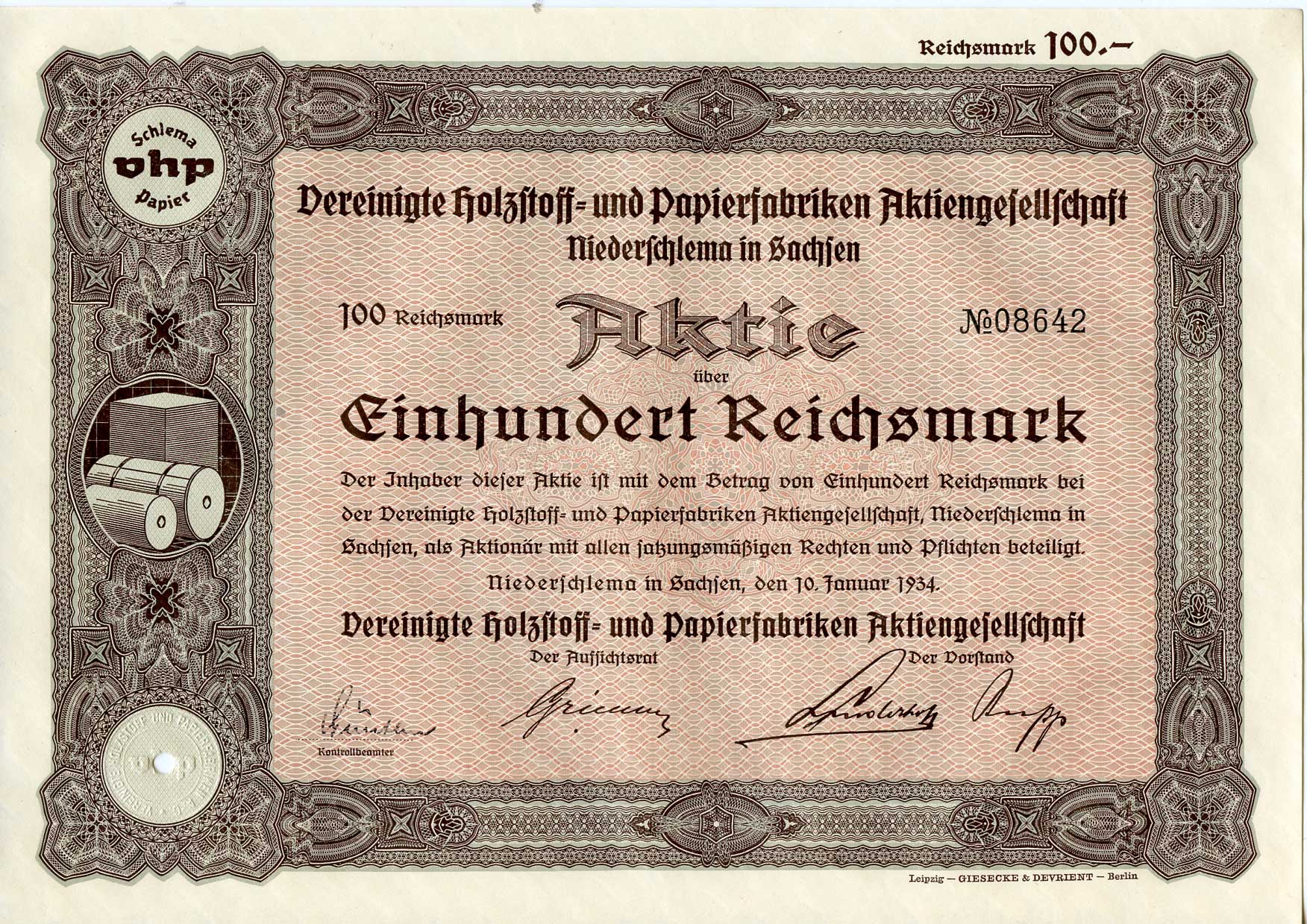 Германия 100 рейхсмарок 1934 АО Объединенные деревообрабатывающие и бумажные фабрики, Нидершлем в Саксонии, акция   бумага  8803-17-1