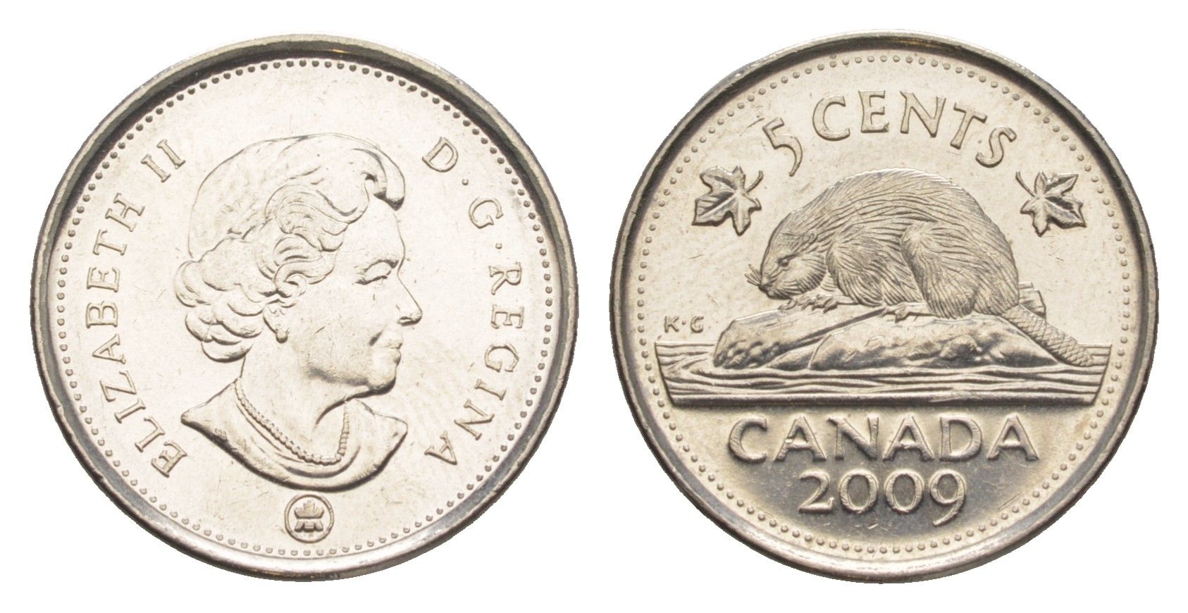 Канада 5 центов 2009 Leaf, Елизавета II (1952-2022), бобр KM 491 сталь плакированная никелем UNC 4636-633