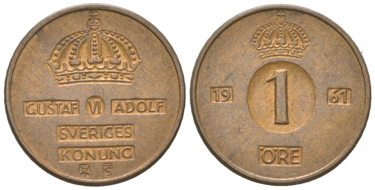 Швеция 1 эре 1961 U, Густав VI Адольф (1950-1973) KM 820 бронза 4618-114