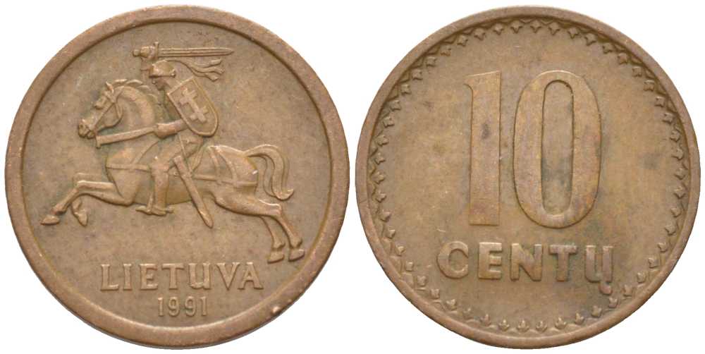 ЛИТВА 10 ЦЕНТОВ 1991 KM 88 бронза 116-134