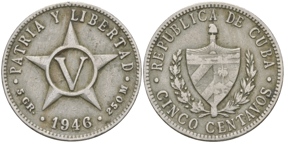 КУБА 5 СЕНТАВО 1946 ЗВЕЗДА, ПЕРВАЯ РЕСПУБЛИКА KM 11.3 медно-никель 98-737