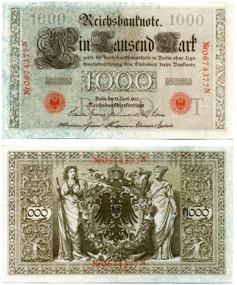 Германия 1000 марок 1910 21 апреля 1910, буква T, номер семизначный, серия N, выпуск (09.1922) Pick 44b, Розенберг 45с бумага 8618-22-1-1