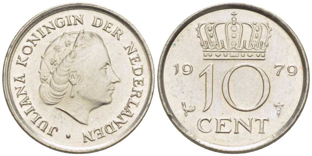 НИДЕРЛАНДЫ 10 ЦЕНТОВ 1979 ЮЛИАНА (1948-1980) KM 182 никель 211-1247
