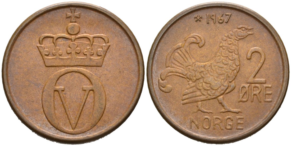 Норвегия 2 эре 1967 глухарь, Улаф V (1958-1991) KM 410 бронза 92-935