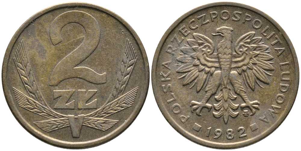 ПОЛЬША 2 ЗЛОТЫХ 1982 MW KM 80.1 латунь 110-553