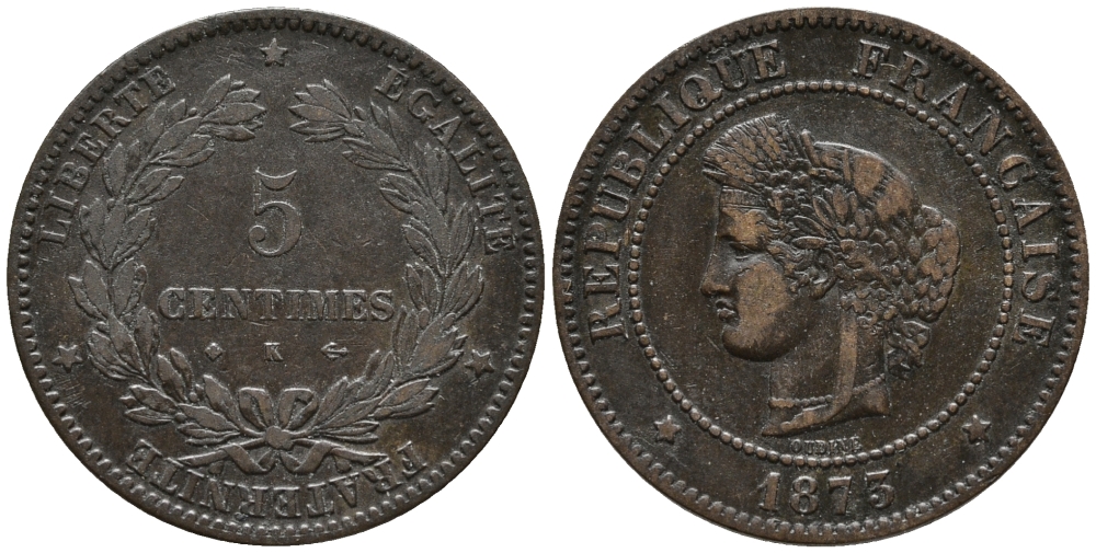 ФРАНЦИЯ 5 САНТИМОВ 1873 К, ТРЕТЬЯ РЕСПУБЛИКА (1871-1940) KM 821.2, LE FRANC 118.9 бронза 34-1217