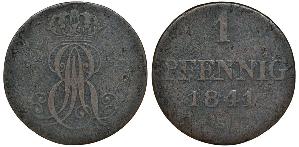 Ганновер 1 пфенниг 1841 S, Эрнст Август (1837-1851) KM 173.3, AKS 128, J. 54 медь 72-1618