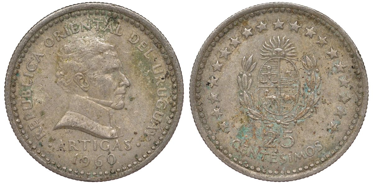 Уругвай 25 сентесимо 1960 KM 40 медно-никель 4532-135